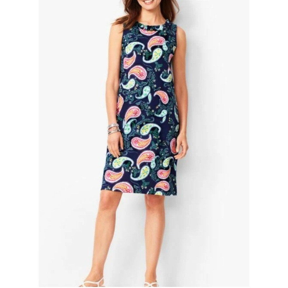 Talbots Navy Blue Paisley Print Ruffle Neckline Shift Knit‎ Dress Sz-1X Plus